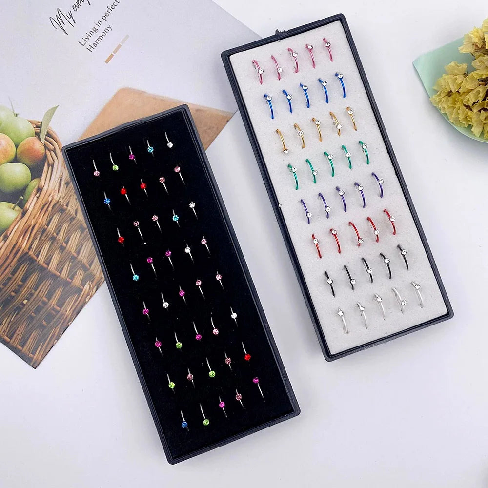 40/60PC Set Fashion Crystal C Shape Nose Ring Stainless Steel Multicolor Bend Nose Stud for Women Aro Nariz Anneau Nez Piercing