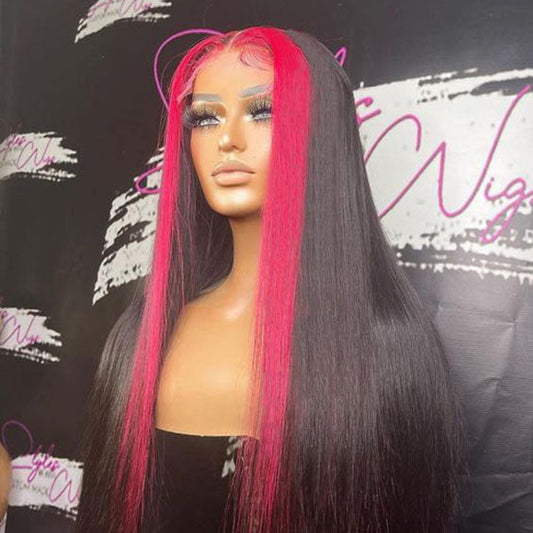 Hot Pink Skunk Stripe 4x4 Closure Wig – 180% Density, Straight Brazilian Human Hair