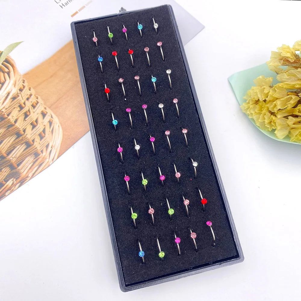 40/60PC Set Fashion Crystal C Shape Nose Ring Stainless Steel Multicolor Bend Nose Stud for Women Aro Nariz Anneau Nez Piercing